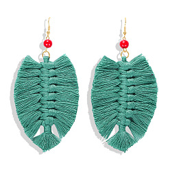 Green tassel Boho Tassel Earrings with Handmade Knitted Thread and Alloy Accents