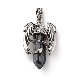 Snowflake Obsidian Natural Snowflake Obsidian Pointed Pendants, Faceted Bullet Charms, with Rack Plating Platinum Tone Alloy Dragon Findings, Cadmium Free & Lead Free, 39~41x24~25x13~14mm, Hole: 4x8mm
