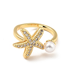 Clear Cubic Zirconia Starfish with Imitation Pearl Open Cuff Ring, Real 18K Gold Plated Brass Jewelry for Women, Cadmium Free & Lead Free, Clear, US Size 6(16.5mm)