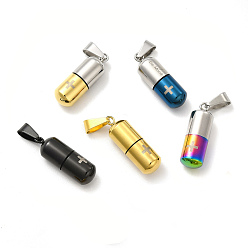 Mixed Color Ion Plating(IP) 304 Stainless Steel Openable Capsule Pill Box Pendants, Medical Cross Pill Container Charms with Snap on Bails for Jewelry Necklace Making, Mixed Color, 28x9mm, Hole: 9x4mm