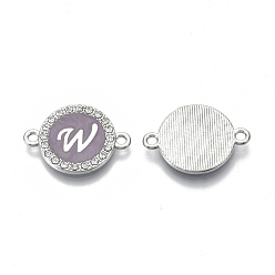 Letter W Alloy Enamel Links Connectors, with Crystal Rhinestones, Flat Round with Letter, Silver Color Plated, Letter.W, 22x16x2mm, Hole: 1.8mm