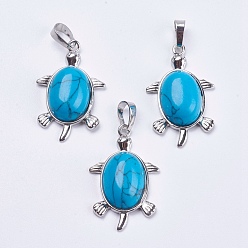 Synthetic Turquoise Synthetic Turquoise Pendants, with Brass Findings, Dyed, Tortoise, Platinum, 34x21x7mm, Hole: 5x7mm