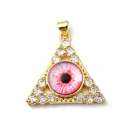Deep Pink Real 18K Gold Plated Brass Pendants, with Glass and Acrylic, Triangle With Evil Eye Charms, Deep Pink, 27x28x7mm, Hole: 4x3.5mm