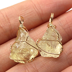Citrine Raw Rough Natural Citrine Pendants, Nuggets Charms with Golden Plated Copper Wire Wrapped, 18~30x12~22mm