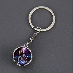 Aquarius Luminous Glass Pendant Keychain, with Alloy Key Rings, Glow In The Dark, Round with Constellation, Aquarius, 8.1cm