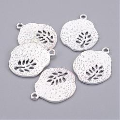 Silver Tibetan Style Alloy Pendants, Cadmium Free & Nickel Free & Lead Free, Flat Round with Leaf, Silver, 22x18x1mm, Hole: 1mm