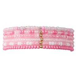 Pink 6Pcs Glass Seed & Brass Beaded Stretch Bracelets Set, Stackable Bracelets, Pink, Inner Diameter: 2-1/4 inch(5.7cm), 6pcs/set
