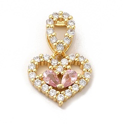 Pink Rack Plating Brass Micro Pave Cubic Zirconia Charms, Long-Lasting Plated, Cadmium Free & Lead Free, Real 18K Gold Plated, Heart, Pink, 14x15x3.5mm, Hole: 5.5x3mm