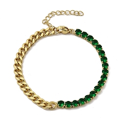 Зеленый Латунные браслеты с квадратными звеньями из микрофибры с кубическим цирконием, цепочка панцирного плетения ювелирные изделия для женщин, без кадмия и без свинца, долговечный, стойки покрытие, реальный 18 k позолоченный, зелёные, 6-5/8 дюйм (16.7 см)
