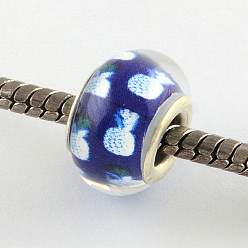 Prussian Blue Large Hole Resin European Beads, with Silver Color Plated Brass Double Cores, Rondelle, Fruit Pattern, Prussian Blue, 14x9~10mm, Hole: 5mm