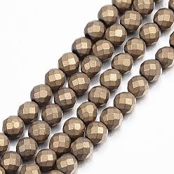 Light Gold Plated Electroplate Non-magnetic Synthetic Hematite Beads Strands, Faceted, Frosted, Round, Grade A, Light Gold Plated, 4mm, Hole: 1mm, about 100pcs/strand, 16 inch