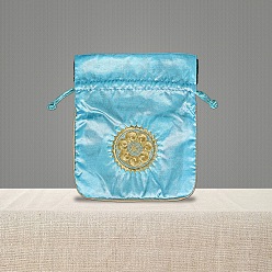 Cyan Chinese Style Brocade Drawstring Gift Blessing Bags, Jewelry Storage Pouches for Wedding Party Candy Packaging, Rectangle with Flower Pattern, Cyan, 18x15cm