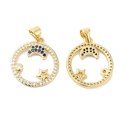 Real 16K Gold Plated Brass Micro Pave Cubic Zirconia Pendants, Ring with Moon & Star Charms, Real 16K Gold Plated, 21x19x2mm, Hole: 4x3.5mm
