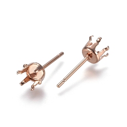 Rose Gold 304 Stainless Steel Stud Earring Findings, Prong Earring Settings, Rose Gold, Tray: 4mm, 15.5mm, Pin: 0.7mm