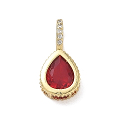 Roja Latón pavimenta colgantes de circonio cúbico, encantos de lágrima, larga duración plateado, chapado en rack, sin plomo y el cadmio, real 18 k chapado en oro, rojo, 21x10x7.8 mm, agujero: 5x7 mm