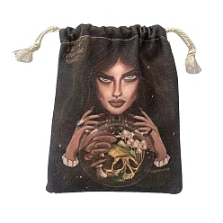 Witch Canvas Cloth Packing Pouches, Drawstring Bags, Rectangle, Witch Pattern, 15~18x13~14cm