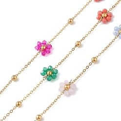 Colorful Flower Glass Beaded Chains, Unwelded, with 304 Stainless Steel Link Chains, Golden, Colorful, 2~8x1.5~8x0.3~3mm
