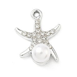 Платина Подвески из сплава и страза, прелести морская звезда, uv покрытие, с абс пластмассовой имитационной жемчужиной, платина, 21.5x18x8 мм, отверстие : 1.6 мм