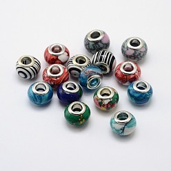 Mixed Color Handmade Lampwork Large Hole Rondelle European Beads, with Double Silver Color Plated Brass Cores, Mixed Color, 13~14x9~10mm, Hole: 4.5~5mm