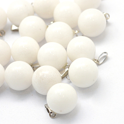 White Jade Round Natural White Jade Pendants, with Platinum Tone Brass Findings, 17~19x13~14mm, Hole: 2x7mm