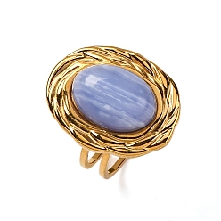 Синий Кружевый Агат Овальные синтетические синие кружевные агаты, 304 из нержавеющей стали Манжета кольца для женщин, золотые, овальный : 22x17.5 mm, регулируемый