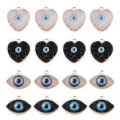 Mixed Color 16Pcs 2 Style Druzy Resin Pendants, with Edge Light Gold Plated Iron Loops, Evil Eye & Heart with Evil Eye, Mixed Color, 17~23x19~23x5.5~7.5mm, Hole: 1.8~2mm, 8pcs/style