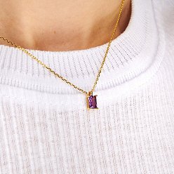 Purple Birthstone Style Cubic Zirconia Rectangle Pendant Necklaces, Golden Titanium Steel Necklace, Purple, 15.75 inch(40cm)