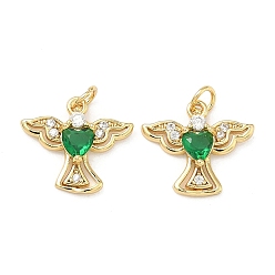 Зеленый Латунные микро проложить кубического циркония подвески, ангельские прелести, без свинца и без кадмия, стойки покрытие, долговечный, реальный 18 k позолоченный, зелёные, 13x14x3 мм, Перейти кольцо: 4x0.8 мм, 2.5 мм внутренним диаметром