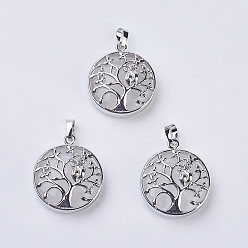 Quartz Crystal Natural Quartz Crystal Pendants, Rock Crystal Pendants, with Brass Findings, Flat Round with Tree of Life, Platinum, 31~32x27x8~9mm, Hole: 5x7mm