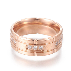 Rose Gold 304 Stainless Steel Finger Rings, with Cubic Zirconia, Wide Band Rings, Rose Gold, Size 7~10, 17~20mm