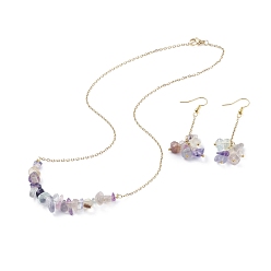 Fluorite Natural Fluorite Chips Beaded Jewelry Set, Gemstone Pendant Necklace & Cluster Dangle Earrings with 304 Stainless Steel Cable Chains for Women, Golden, 60mm, Pin: 0.6mm, 19 inch(48.5cm)