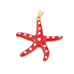 Малиновый Латунь эмаль подвески, без свинца и без кадмия, долговечный, очарование морской звезды, реальный 18 k позолоченный, малиновый, 32x32.5x3 мм, отверстие : 4 мм