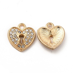 Light Gold Alloy Crystal Rhinestone Pendants, Heart Lock Charm, Light Gold, 17.5x15x2.5mm, Hole: 2mm