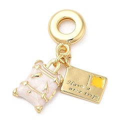 Белый Латунные эмалированные европейские подвески с подвесками, Подвески с большими отверстиями, без свинца и без кадмия, долговечный, реальный 18 k позолоченный, чемоданы для билетов и багажа, белые, 30.5 мм, отверстие : 4.5 мм, чемоданы: 15x9x3мм, билет: 11.5x7.5x1мм