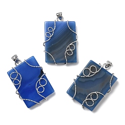 Синий Природные подвески агат, окрашенная и подогревом, прямоугольные подвески с медной проволокой платинового тона, синие, 47~49x33.5~34x9~10 мм, отверстие : 6~7x4~4.5 мм