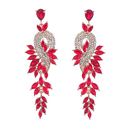 Ruby Sparkling Rhinestone Leafy Branch Dangle Stud Earrings, Golden Alloy Long Drop Earrings for Women, Ruby, 95x30mm