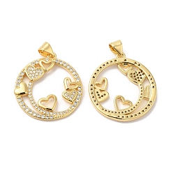 Real 16K Gold Plated Brass Micro Pave Clear Cubic Zirconia Pendants, Ring wirh Heart Charms, Real 16K Gold Plated, 25.5x23x2.5mm, Hole: 4x3.5mm