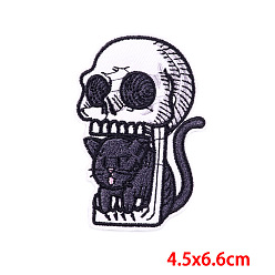 Skull Cat Theme Computerized Embroidery Cloth Iron on/Sew on Patches, Costume Accessories, White, 66x45mm