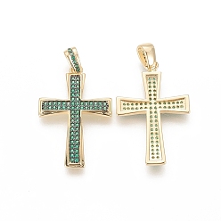 Зеленый Латунные микро проложить кубического циркония подвески, долговечный, реальный 18 k позолоченный, крестик, зелёные, 30.5x20.5x2.5 мм, отверстие : 3x5 мм