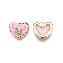 Pearl Pink Rack Plating Spray Painted Alloy Charms, with Enamel, Cadmium Free & Lead Free, Heart with Tulip Flower, Pearl Pink, 13x14.5x4.5mm, Hole: 1.4mm