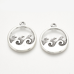 Antique Silver Tibetan Style Alloy Pendants, Flat Round with Sea Wave, Cadmium Free & Lead Free, Antique Silver, 23.5~24x20.5x2mm, Hole: 1.5mm