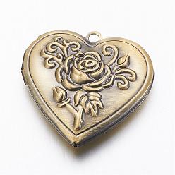 Brushed Antique Bronze Brass Locket Pendants, Heart with Rose, Brushed Antique Bronze, 29x29x7.5mm, Hole: 2mm