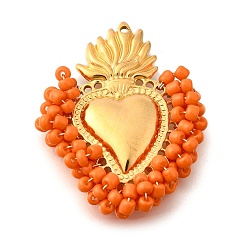 Коралловый 304 подвески из нержавеющей стали, со стеклянными бисеринами, очарование священного сердца, реальный 18 k позолоченный, коралл, 44~44.5x34~35x7 мм, отверстие : 1.2 мм