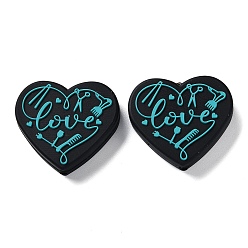 Dark Turquoise Food Grade Heart with Word Love Silicone Focal Beads, for Beadable Pens DIY Nursing Necklaces Making, Dark Turquoise, 27x30x7mm, Hole: 3mm