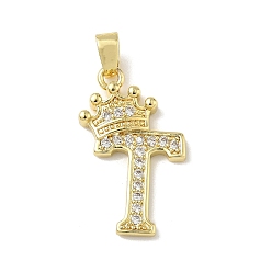 Letter T Латунные микро проложить кубического циркония подвески, без кадмия и без свинца, реальный 18 k позолоченный, Письмо T, 25x16x4 мм, отверстие : 5x2.5 мм