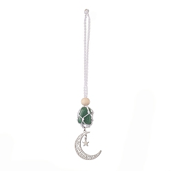 Green Aventurine Moon 201 Stainless Steel Pendant Decorations, Wood Beads and Natural Green Aventurine Nuggets Beads Nylon Thread Hanging Ornament, 165~171mm