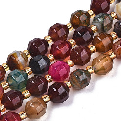 Colorful Natural Agate Beads Strands, Faceted, with Seed Beads, Dyed, Round, Colorful, 8x7.5mm, Hole: 1.2mm, Beads: 3.5x2mm, about 34pcs/strand, 15.35 inch(39cm)