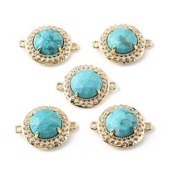 Говлит Окрашенный натуральный говлит граненые соединительные подвески, латунные микро-паве прозрачные кубические цирконии плоские круглые драгоценные камни звенья, золотые, стойки покрытие, бирюзовые, 21x16x7 мм, отверстие : 1.6 мм