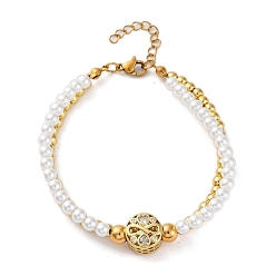 Плоский Круглый Латунь многожильных браслеты, браслеты со стразами для женщин, ионное покрытие (ip), реальный 18 k позолоченный, с пластиковой жемчужиной и 304 карабином из нержавеющей стали, плоско-круглые, 7-3/8 дюйм(18.7см)+30.5удлинитель мм
