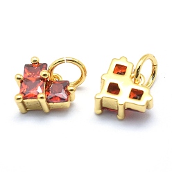 Real 18K Gold Plated Brass Charms, with Cubic Zirconia, Cadmium Free & Nickel Free & Lead Free, Heart, Red, Real 18K Gold Plated, 7x8x4mm, Hole: 3mm